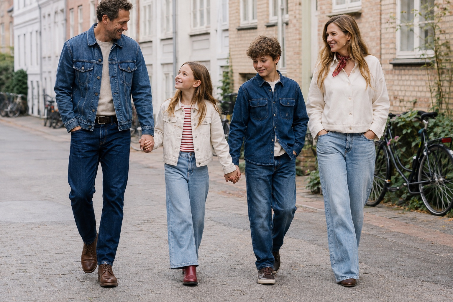 Familie på gåtur i forskellige pasformer og vaske af denim