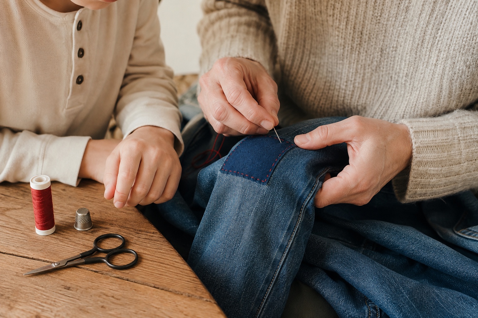 Voksen reparerer et barns jeans med en synlig lap og røde sting