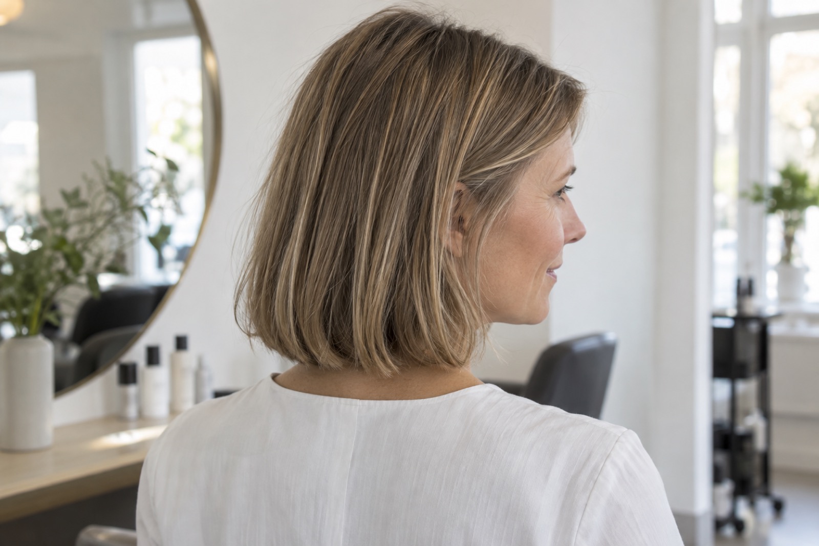 Profil af en kvinde med lang page, der slutter over skuldrene